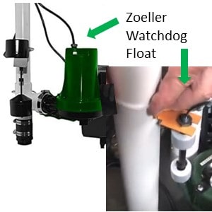 Pictured are the Zoeller and Watchdog Battery Backup sump pump float switches used. Watchdog has a two reed floats on one vertical pole for redundancy. Zoeller uses one float which is more robust and its status is displayed on the onctollers LED screen.